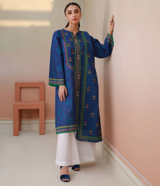 2 Piece Blue Slub Linen Kurta Dupatta -Ready To Wear