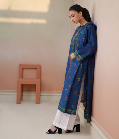 2 Piece Blue Slub Linen Kurta Dupatta -Ready To Wear