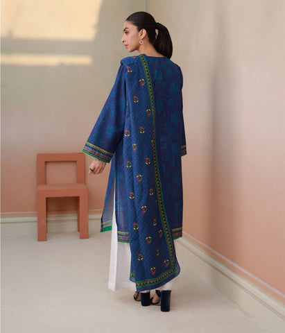 2 Piece Blue Slub Linen Kurta Dupatta -Ready To Wear